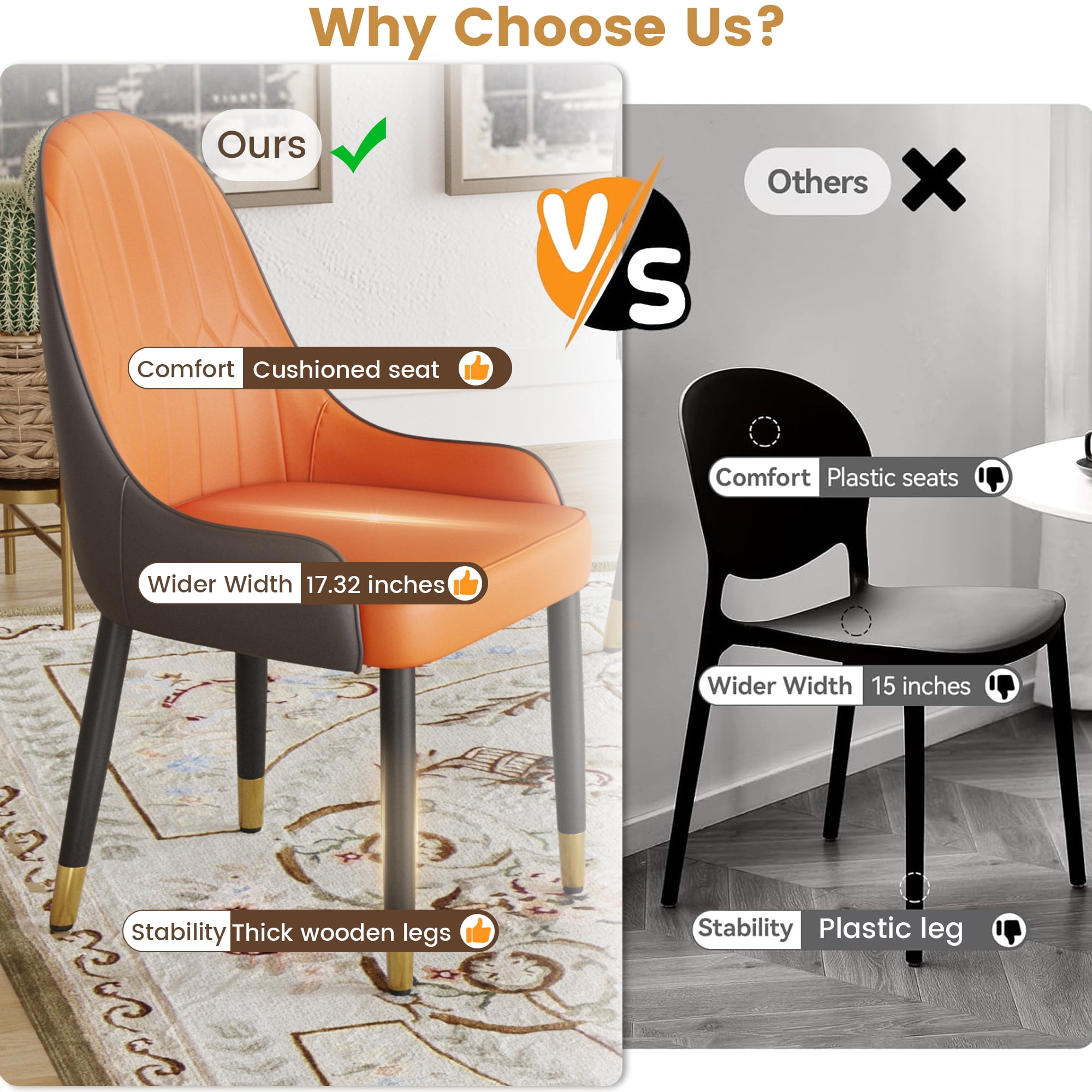 Modern PU Leather Dining Chairs - Set of 2, Orange/Dark Brown, Solid Wood & Metal Legs, Ergonomic Padded Seat, Water/Stain Resistant, Space-Saving Design for Dining Room & Living Room