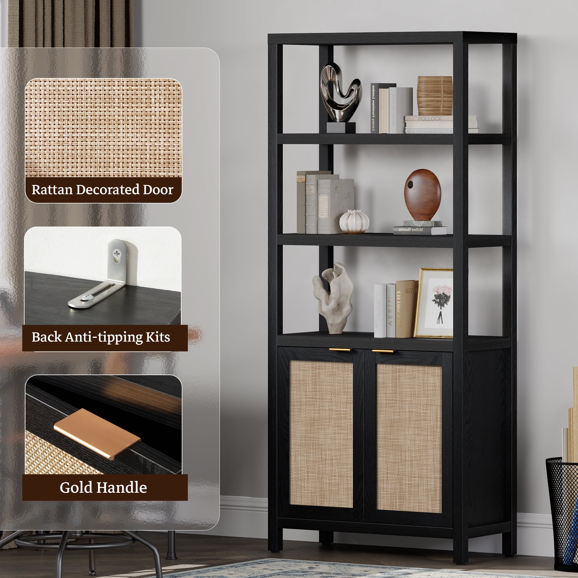 SICOTAS 71" Tall Bookcase with Doors, Boho 5 Tier Rattan Bookshelf Set of 3, Mid-Century Bookcase with Storage Cabinet for Living Room, Bedroom, Library & Home Office in Black Oak