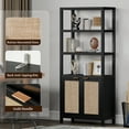 thumbnail image 3 of SICOTAS 71" Tall Bookcase with Doors, Boho 5 Tier Rattan Bookshelf Set of 3, Mid-Century Bookcase with Storage Cabinet for Living Room, Bedroom, Library & Home Office in Black Oak, 3 of 10