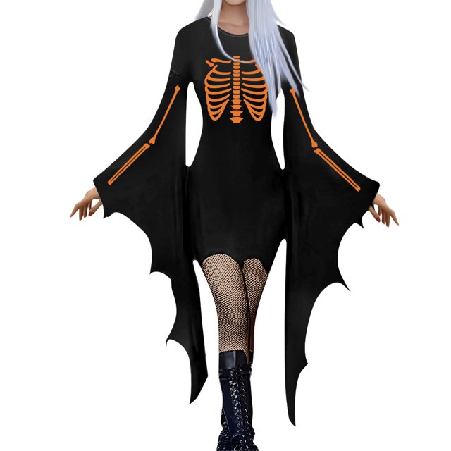 Vestido de disfraz de esqueleto gótico para mujer con mangas de alas de murciélago para fiestas de Halloween y eventos de cosplay