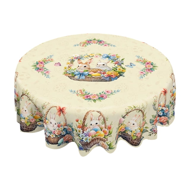 Round Easter Tablecloth Polyester Waterproof Stain Resistant Table Cover 152Cm for Easter Holiday Party Dining Room Kitchen