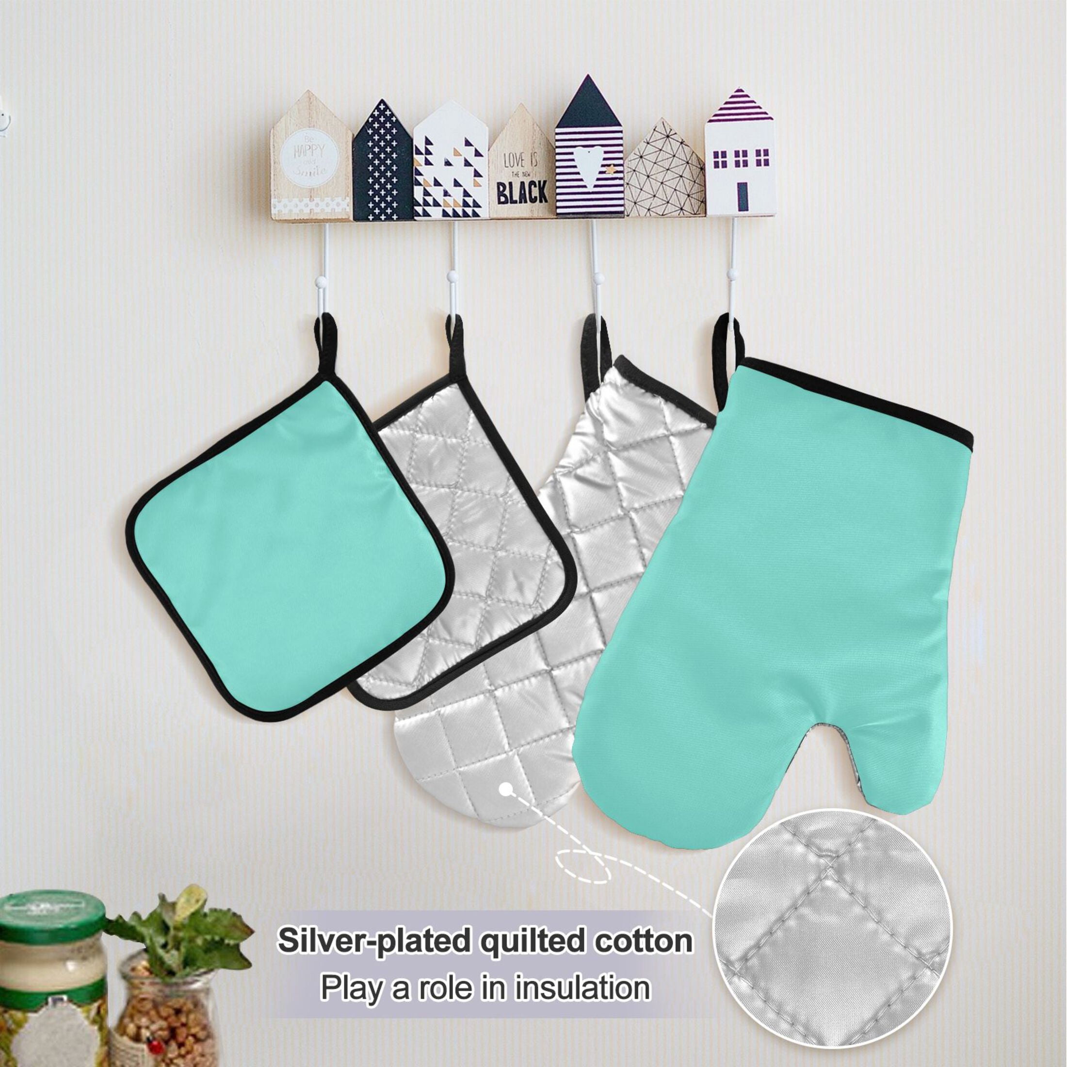 Calamine Blue 5 Pcs Kitchen Set Heat Resistant Oven Mitts and Non-Slip Pot Holders with Adjustable Cooking Apron