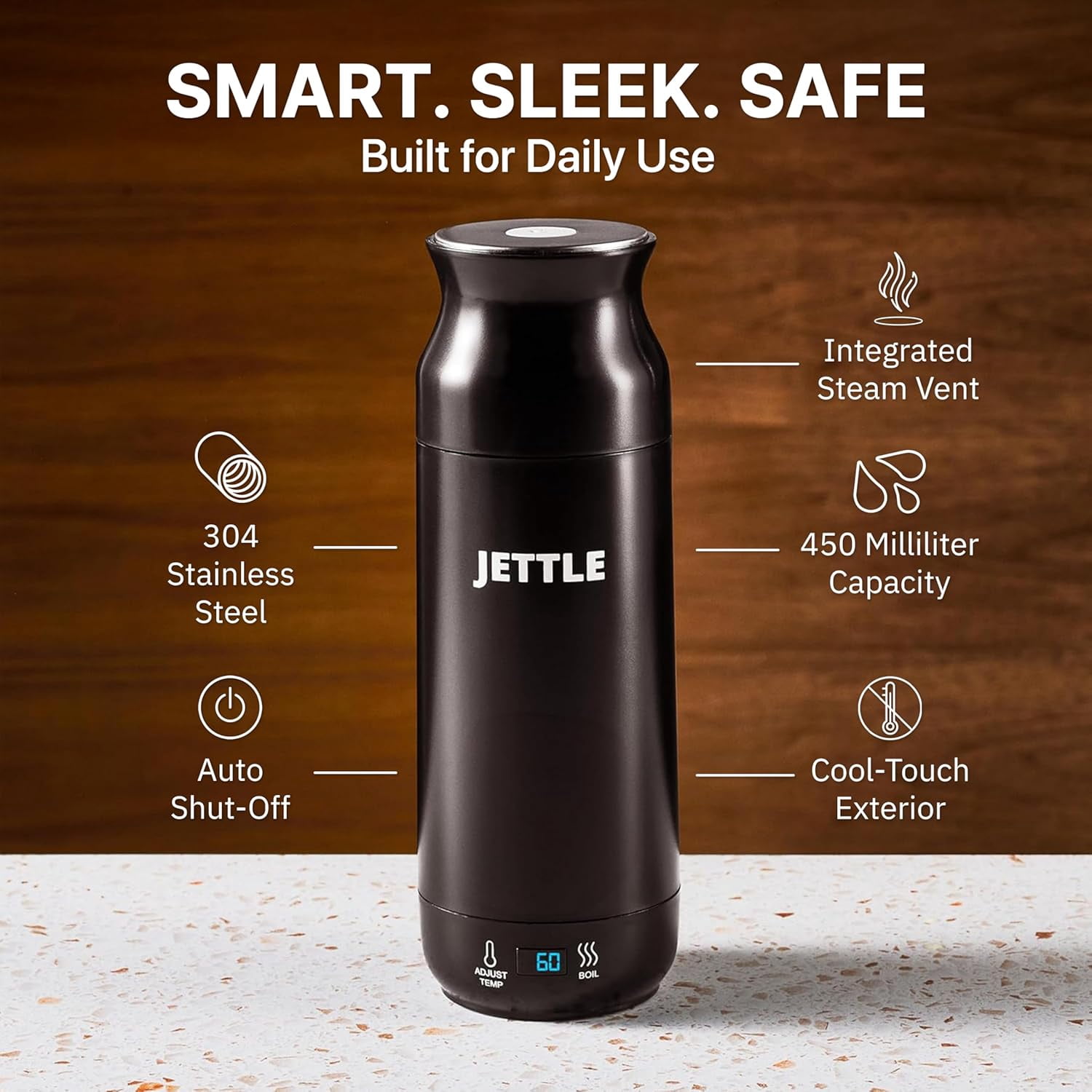 Jettle Travel Electric Kettle - 450ml Bottle-Style Top-Fill No-Spout Water Boiler for Tea & Coffee - Temperature Control, LED Display, Auto Shut-Off - Stainless Steel, 110V