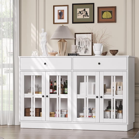 MARNUR 53.3" Modern Sideboard Buffet with 2 Drawers & 4 Glass Doors & LED Light, Large Kitchen Cabinet for Dining Room, Kitchen, Living Room, White