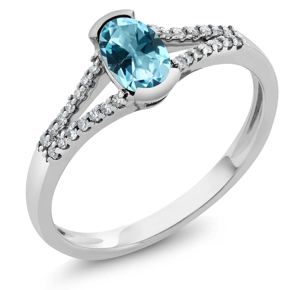 10K White Gold Diamond Ring Set with Oval Ice Blue Topaz from Swarovski by