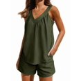 thumbnail image 2 of Women's Drawstring Short Sets Outfits Neck Top High Shorts for Daily Wear Dark Green L, 2 of 7