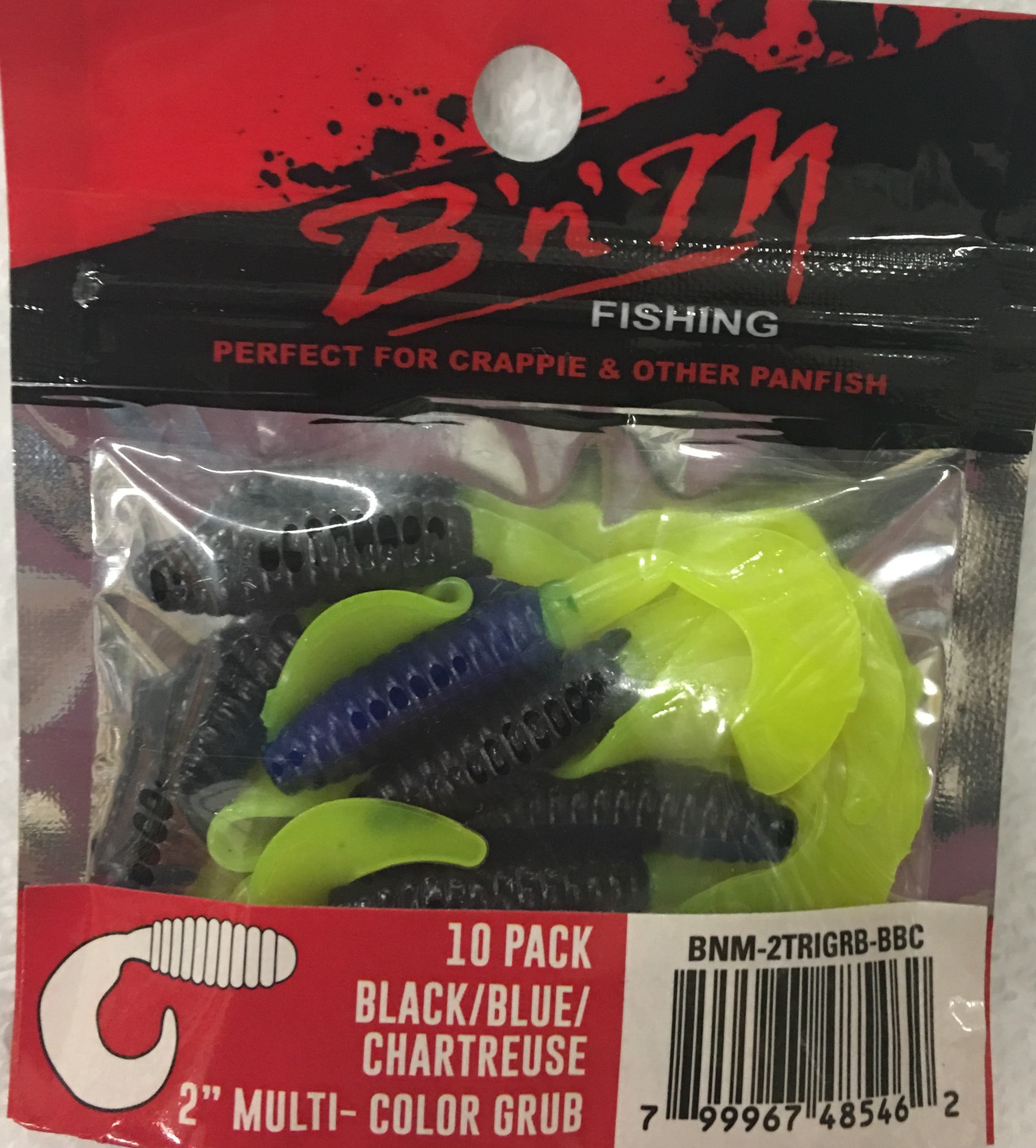 (6 pack) B'n'M 2" Grub Lure, Black, Blue, & Chartreuse, 10 Count
