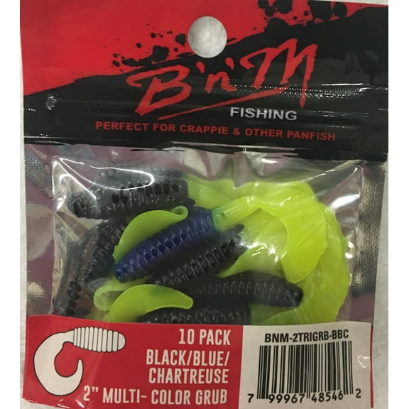 B'n'M 2" Grub Lure, Black, Blue, & Chartreuse, 10 Count