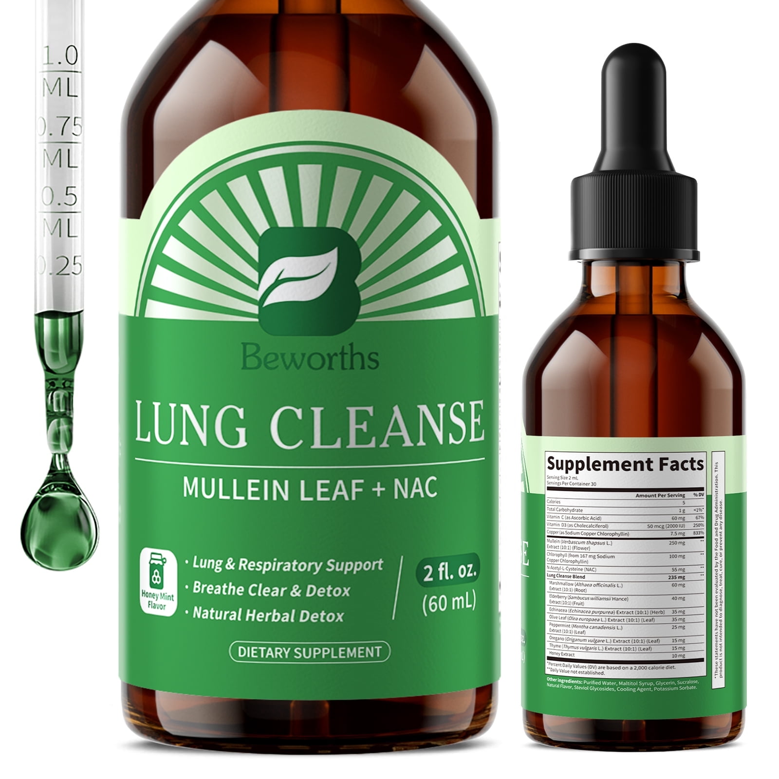 B Beworths Lung Cleanse Drops with Mullein Leaf & NAC, Herbal Respiratory Support Liquid Supplement, 2 fl oz, Honey Flavored
