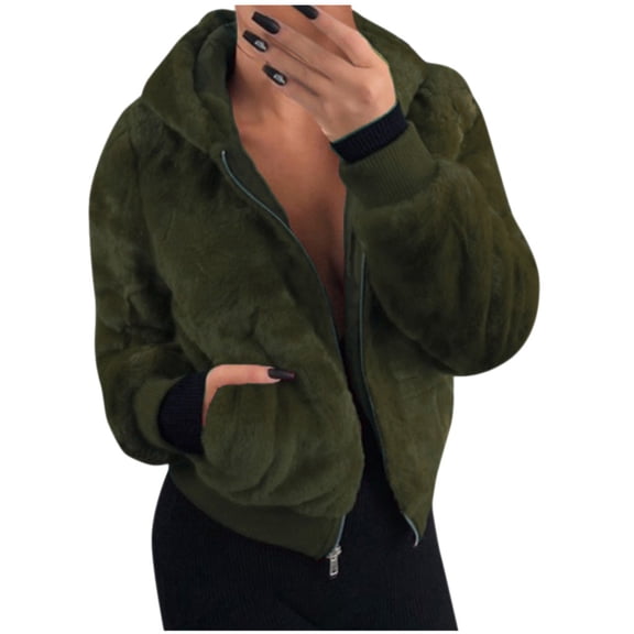 Women's Winter Warm Faux Fur Hooded Jacket - Casual Fleece-Blend Sweatshirt Outerwear, Olive Green, XXXL