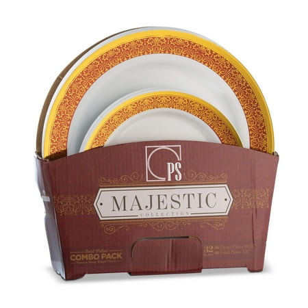 32 Piece Plastic Plates Set Elegant Plastic Dinnerware Includes 16 Disposable Dinner Plates 16 Dessert Plates Thanksgiving (Gold and Burgundy) - Posh Setting