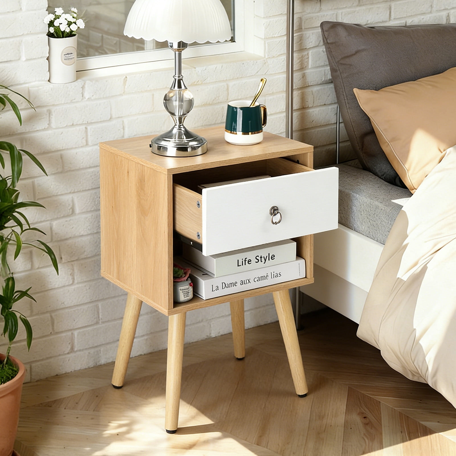 Ktaxon Wooden Night Stand Side End Table Storage Shelf with One Drawer Night Stand Sets of 1, Oak