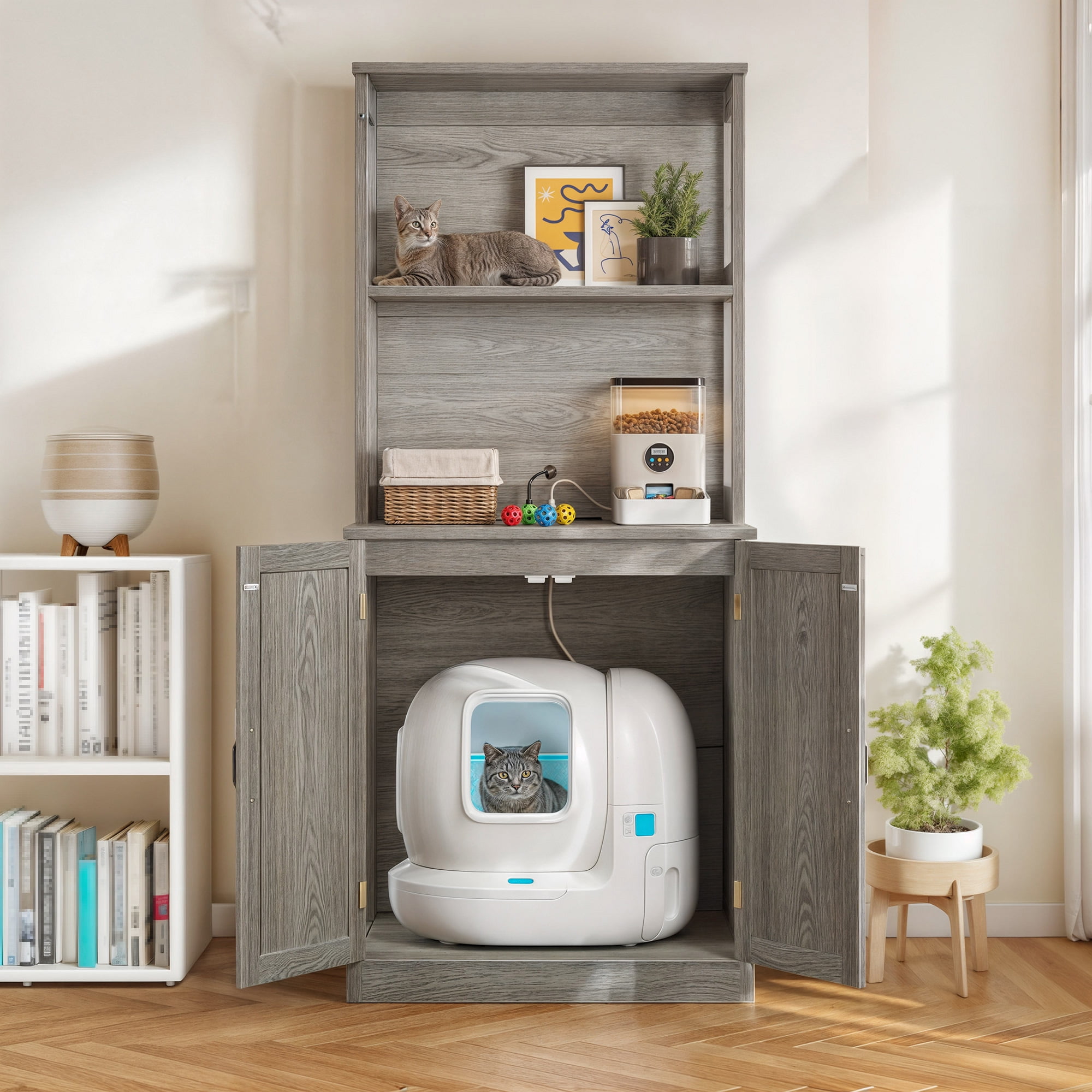 Uforic Large Hidden Litter Box Furniture with Charging Station, Wooden Cat Litter Enclosure for Self-Cleaning Boxes