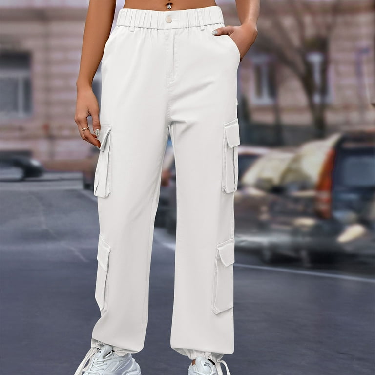 【Anyone more】Kuwa Cargo Wide Cotton Pants Womens Cotton Cargo Pants with Multi Pockets Drawstring