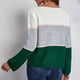 thumbnail image 4 of Suéter verde con bloques de color, cuello redondo, rayas anchas, corte holgado y manga larga para mujer, talla S, 4 of 6