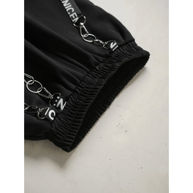 Linjinx Pantalons Cargo pour Filles Taille Haute avec Poches à Rabat et Chaîne Hip Hop Noir 10