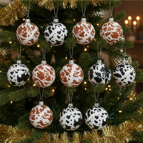 12 Pcs Cowhide Printed Christmas Ball Ornaments 2.36 Inch Plastic Western Cow Ornaments Rustic Holiday Xmas Baubles for Tree Home Gift
