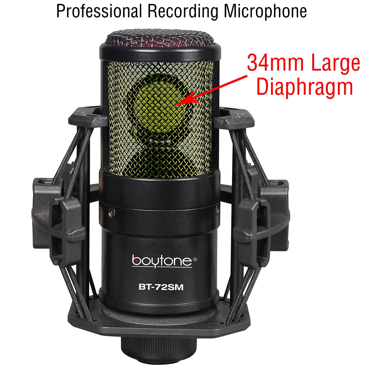 Boytone BT-72SM Professional Cardioid Condenser Studio Microphone, 34mm Large Diaphragm with Metal and Shock Mount, XLR Cable Aluminum carrying case