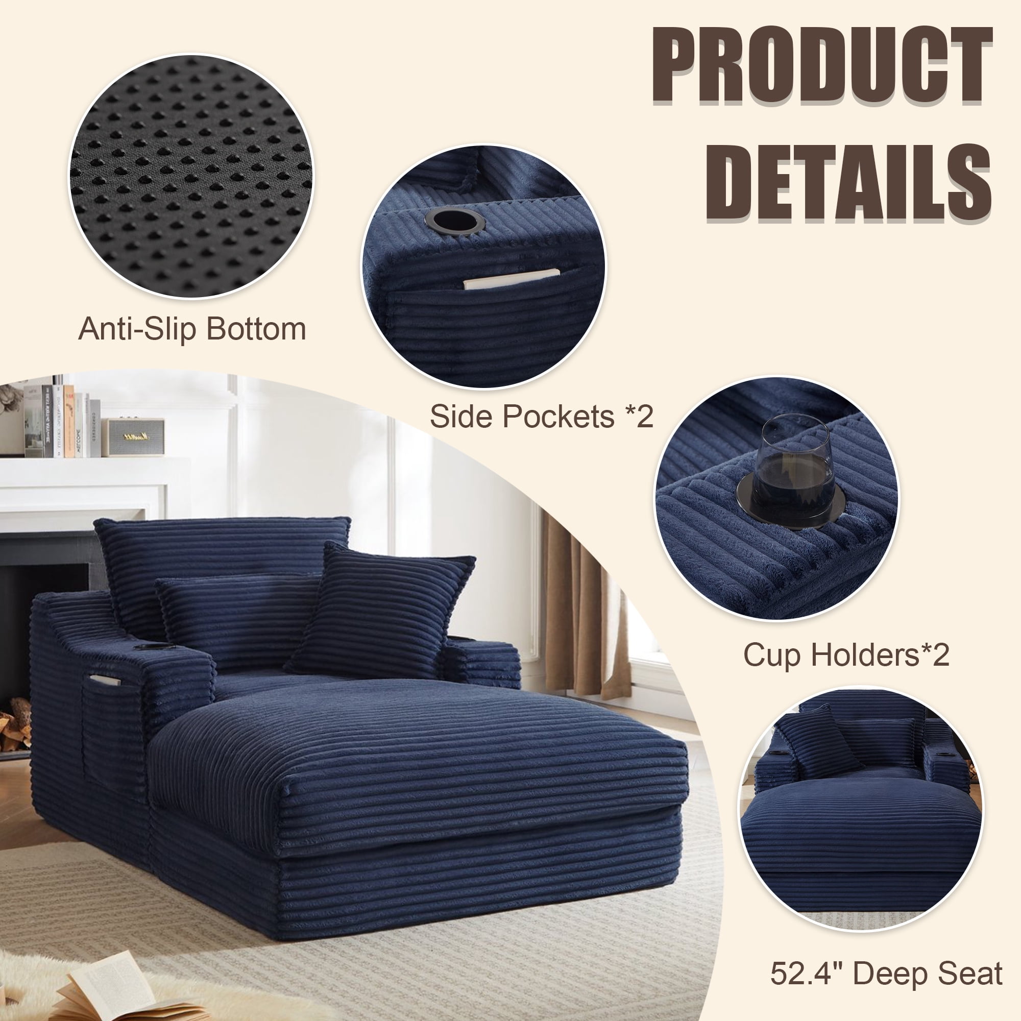 Kosynda 68"D Oversized Chaise Lounge Chair Indoor with Storage, Corduroy Upholstered Boneless Sleeper Sofa Bed with Cup Holder for Living Room, Bedroom, Blue