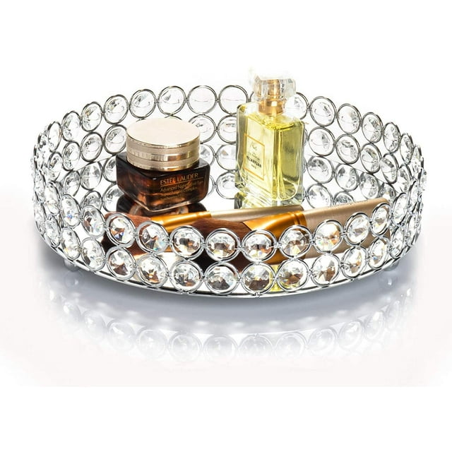 Bandeja de maquillaje de cristal para cosméticos, joyería, bandeja de baratijas, organizador de tocador, bandeja decorativa con espejo, perfume, cuidado de la piel, almacenamiento, decoración del hogar, tocador, organizador de mesa (redondo de 10.0 in)