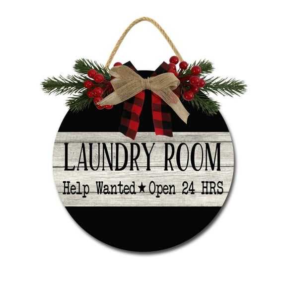 Laundry Room Help Wanted Sign Front Door Porch Decorations, Round Rustic Wood Hanging Sign for Farmhouse Porch Outdoor Home Holiday Front Door Sign Decor