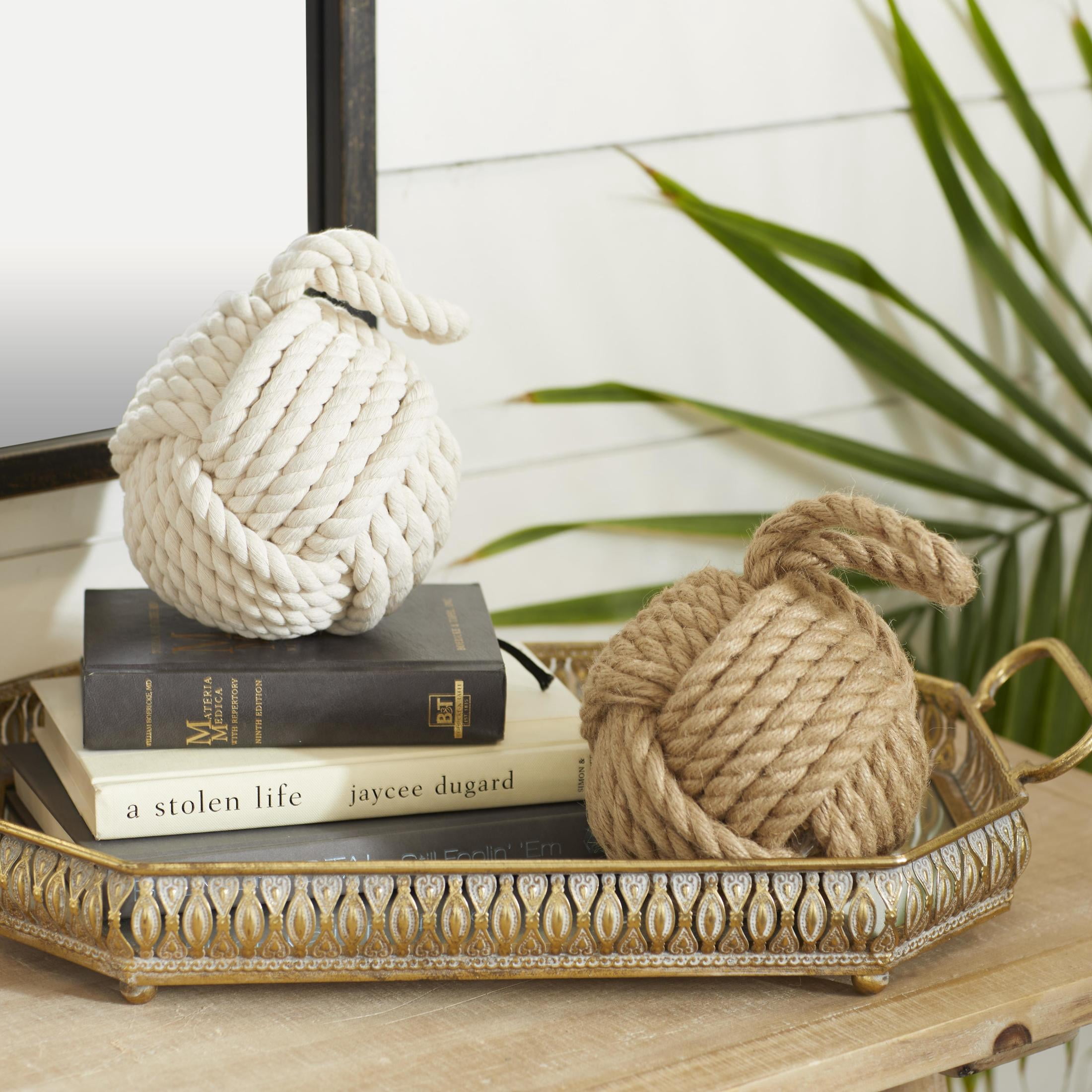 DecMode Jute Coastal Twisted Patterned Knot Sculpture Set of 2 7"W x 14"H, with Brown and White Finish