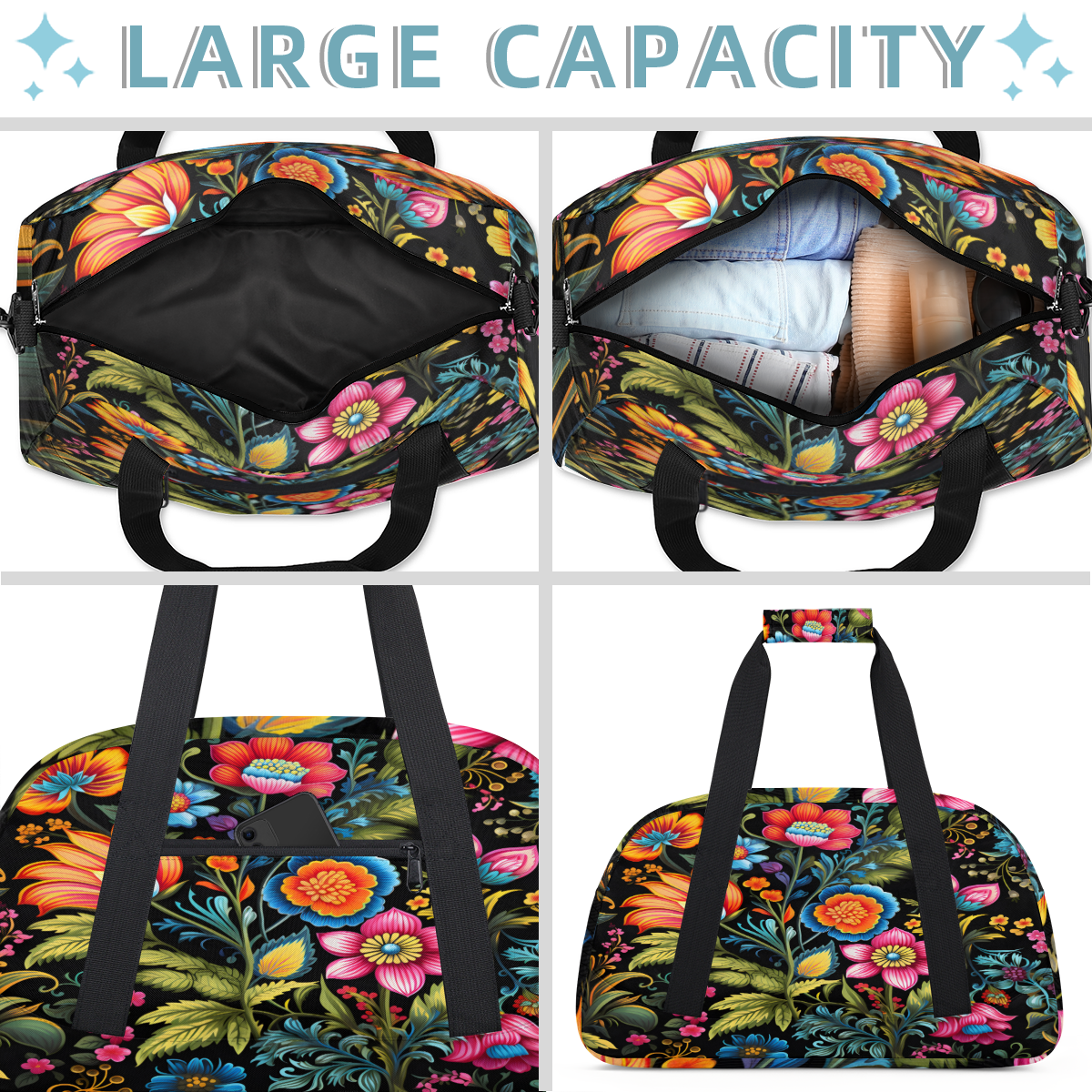 Herdesigns Colorful Flowers Sports Duffle Bag for Women & Men, Spring Summer Gym Bag Dance Bag Overnight Bag Carry On Weekender Travel Bag