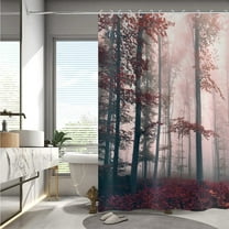 Mystic Forest Shower Curtain Woodland Under Heavy Fog Tall Trees Red Leaves Bathroom Curtain Waterproof Fabric Cloth Machine Washable Durable Bath Curtain 72"x72"
