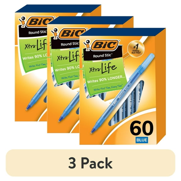 (3 pack) BIC Round Stic Xtra Life Ballpoint Pens, Medium Point, Blue Ink, 60 Count