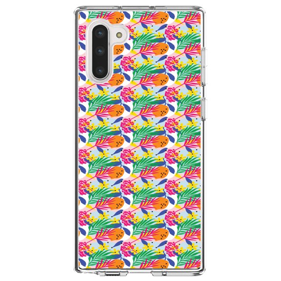 DistinctInk Clear Shockproof Hybrid Case for Samsung Galaxy Note 10 (6.3" Screen) - TPU Bumper, Acrylic Back, Tempered Glass Screen Protector - Summer Vibes Floral Pattern Pink Green Orange