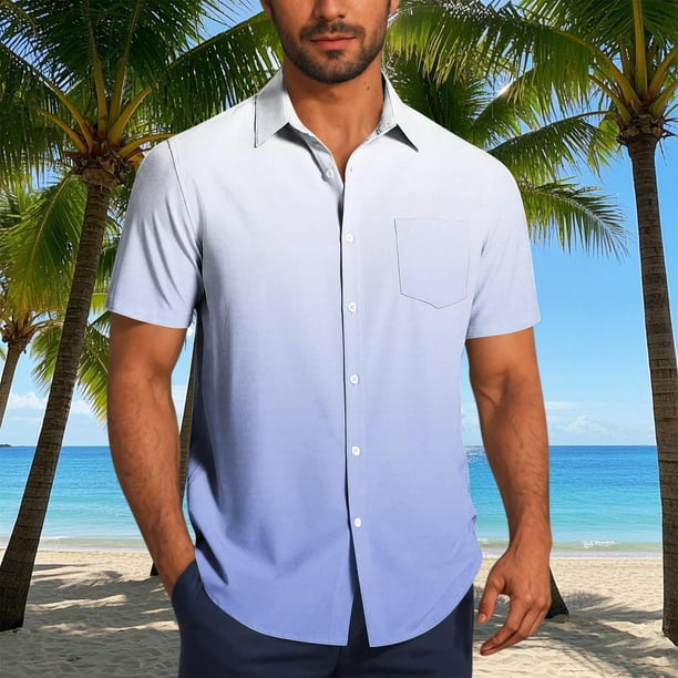 Blusa y camisa de manga corta con cuello vuelto para hombre, blusa informal de moda con cuello vuelto, estampado degradado, camisa de manga corta con botones, blusa de poliéster para hombre