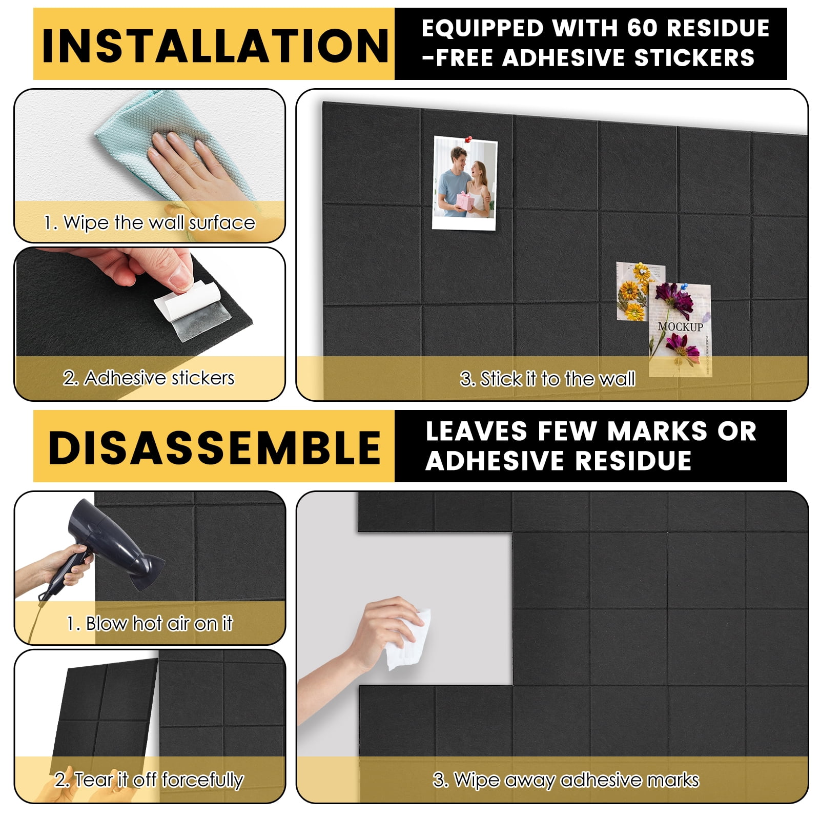 Threns Large Felt Bulletin Board,48" x 36" Cork Board Alternative-12 Pack with 60 Safe Removable Adhesive Tabs,Cork Boards for Walls Cork Board for Home Office Classroom Pin Board (Black)