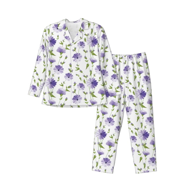 Fotbe Purple Chicory Pijama de Hombre con Estampado de Manga Larga, Conjunto de 2 Piezas, Ropa de Dormir Suave y Cómoda con Bolsillos-Small