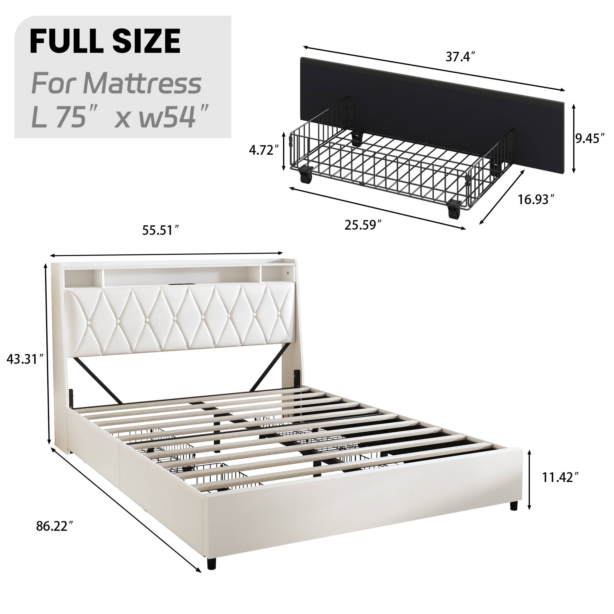 Nathaniel Home Full Platform Bed Frame Ergonomic Full Size Headboard Storage Shelf Outlets and Charger