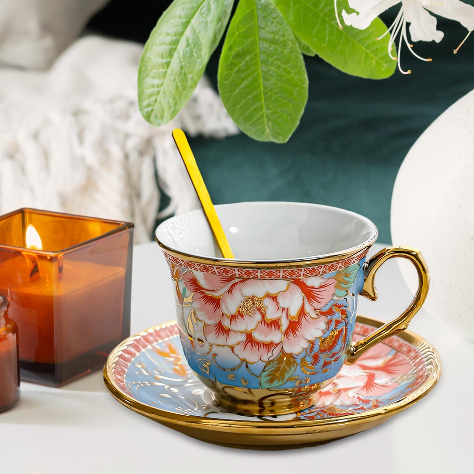 Esquirla Ceramic Coffee Cup and Saucer Cappuccino Mug Styling Glossy Elegant Afternoon Tea Cup Set Espresso Cup for Party Cafe Kitchen Rose