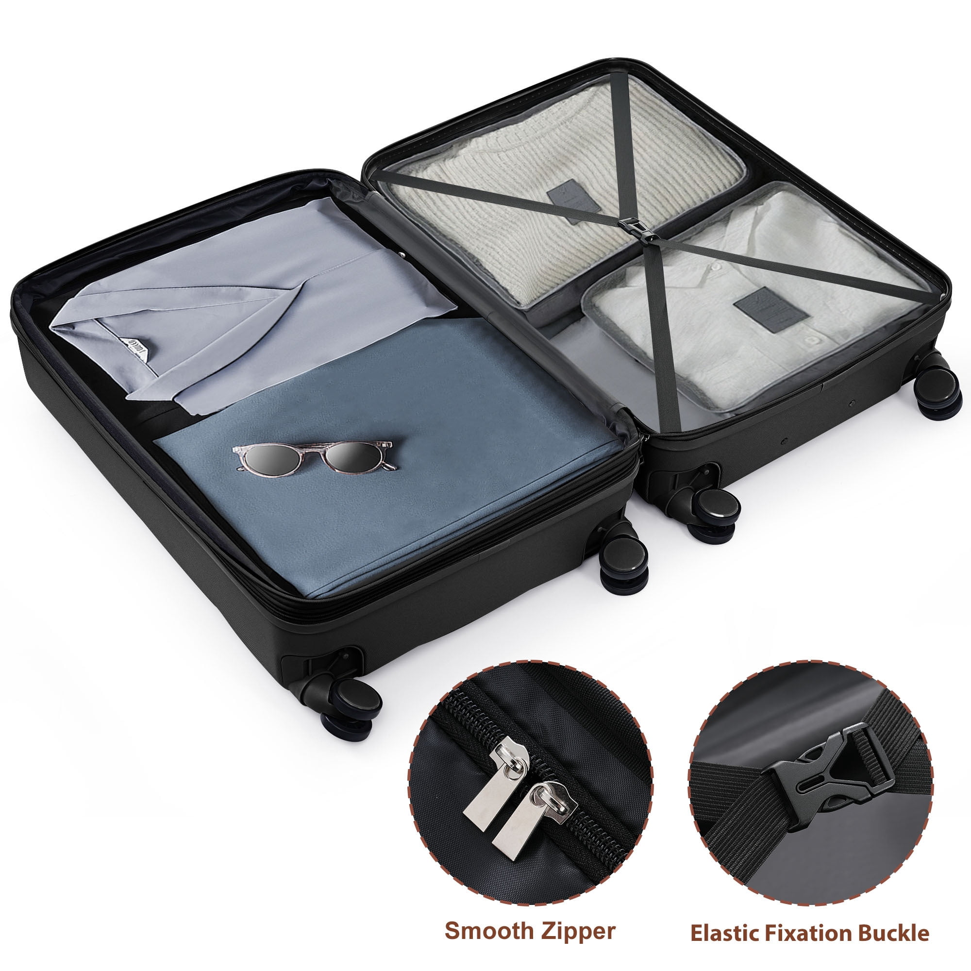 Euroco 4 Piece Luggage Sets, ABS Hardside Durable Suitcase with Travel Bag,Cup Holder, Spinner Wheels and TSA Lock for Travel(20"/24"/28"),Black