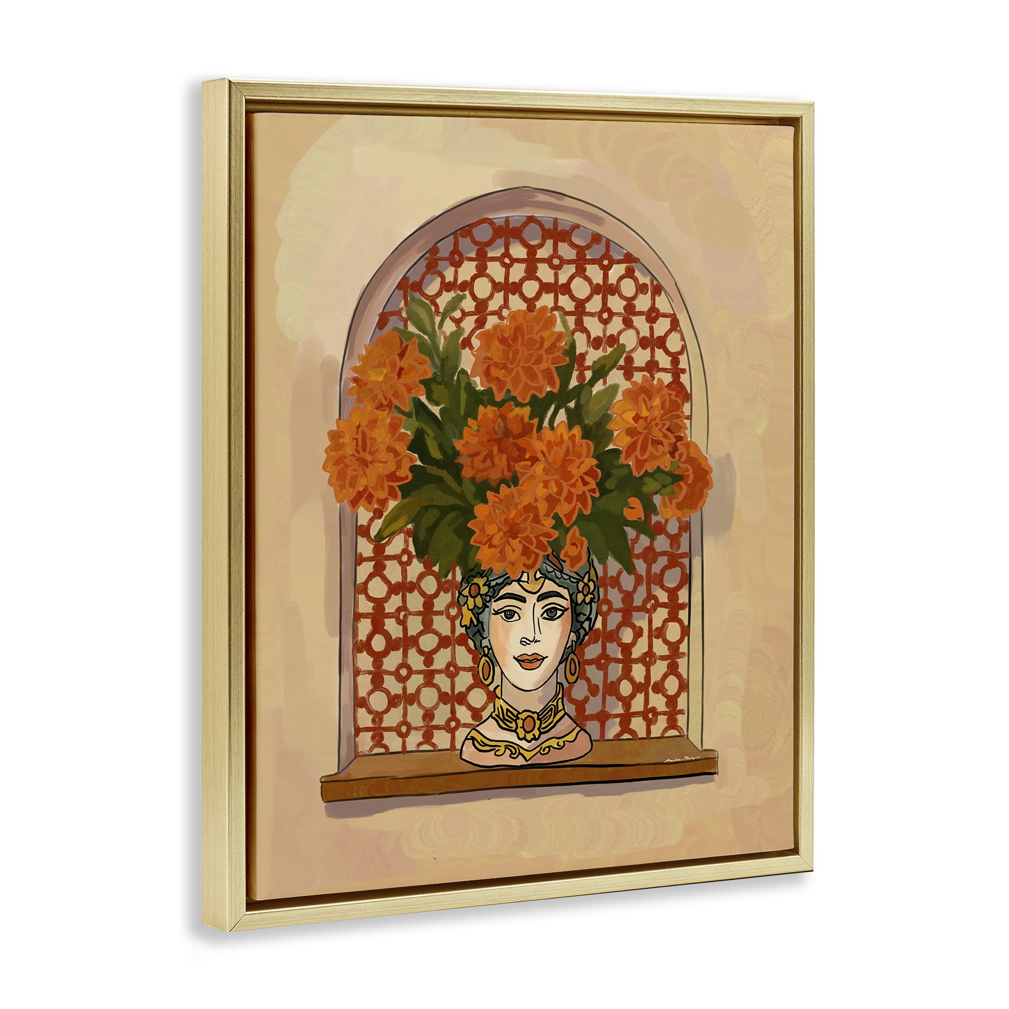 Stupell Industries Ornate Flower Head Vase Gold Framed Floater Canvas Wall Art, design by Amelia Noyes