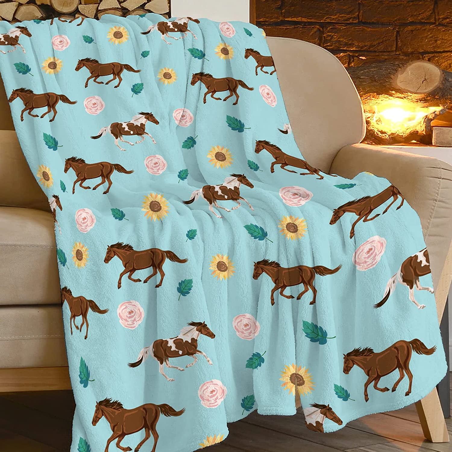 Horse Print Blanket Flower Horse Throw Blanket Animal Teal Plush Blanket for Girls Boys Super Soft Warm Cozy Fleece Flannel Gifts for Kids Adults