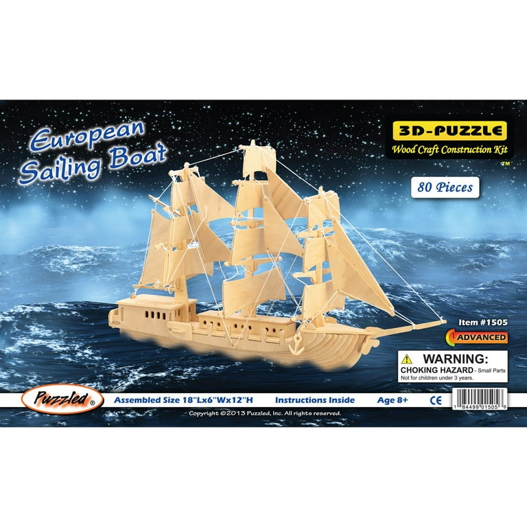 Puzzled 3D Puzzle European Sailing Boat Wood Craft Construction Model Kit,  Educational DIY Wooden Toy Assemble Model Unfinished Crafting Hobby Puzzle  to Build & Paint for Decoration 80 Pieces Pack 
