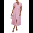 thumbnail image 3 of Vestido Elegante de Fiesta Playera para Mujer, con Escote en V, Mangas Abullonadas y Botones. Rosa L, 3 of 10