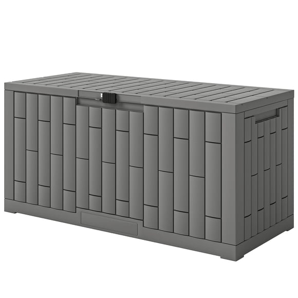 80 Gallon Resin Deck Box, Grey Wood-Grain Outdoor Storage Container, Lockable UV & Splash-Resistant Patio Box for Garden Tools, 45.5"W x 20.1"D x 23"H, Versatile Side Table
