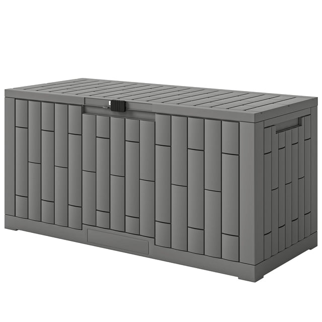 Coffre de Terrasse en Résine de 80 Gallons, Contenant de Rangement Extérieur Gris à Grain de Bois, Coffre de Patio Verrouillable Résistant aux UV et aux Éclaboussures pour Outils de Jardin, 45.5 Pouces L x 20.1 Pouces P x 23 Pouces H, Table d'Appoint Polyvalente