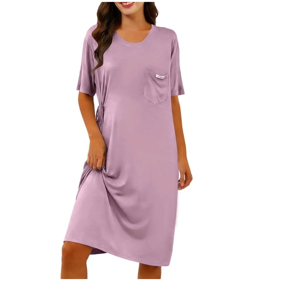 Cotton Nightgowns for Women Half Slooeve Soft Sleep Shirt with Pocket Short Sleeve Crewneck Nightshirts (Free Size, Purple)