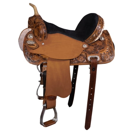 17 In Hilason Western Horse Barrel Flex Tree Trail American Leather Saddle Brown Gorgeous Floral Hand Tooled & Carved