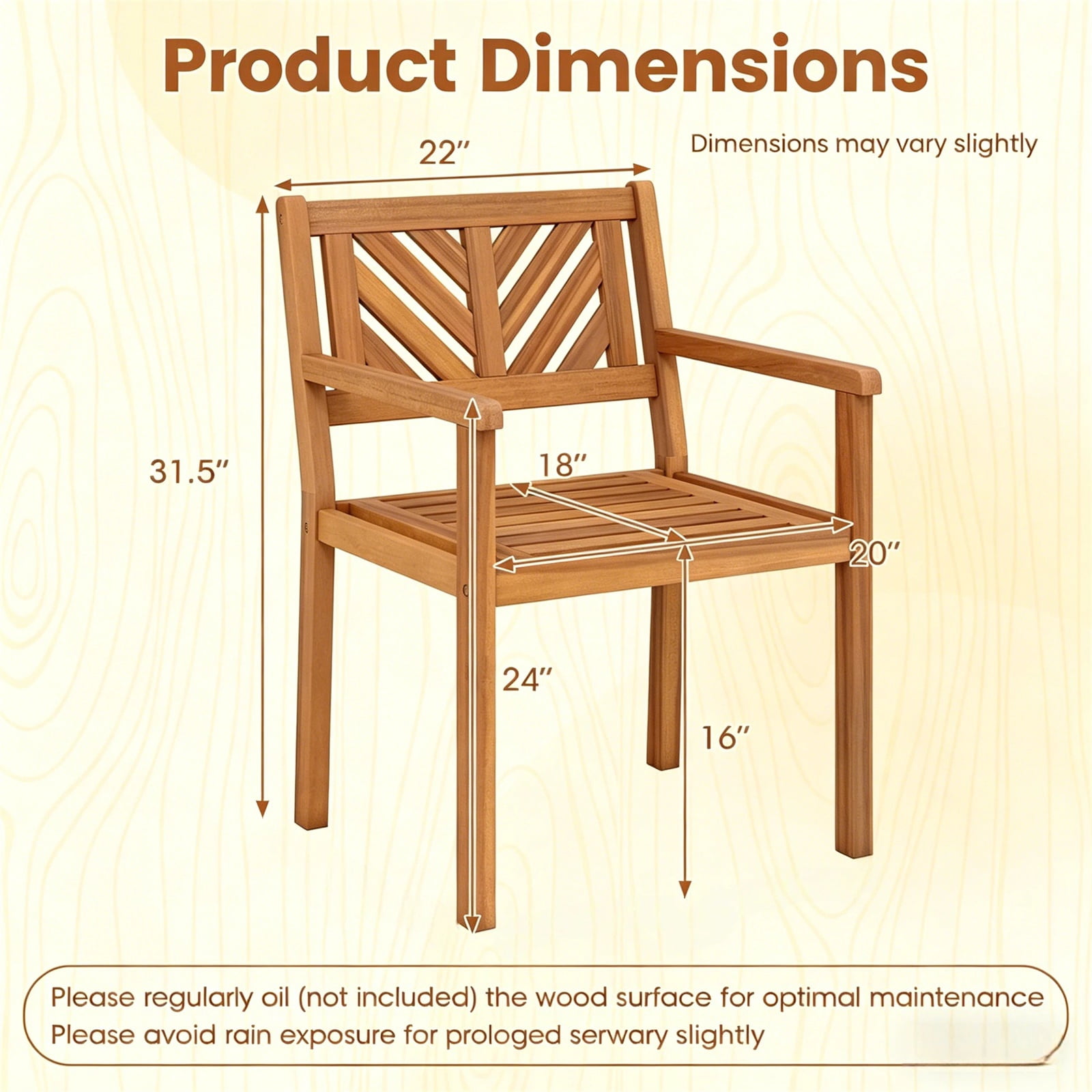 Hommoo Modern Wooden Patio Dining Chair Set of 2, Outdoor Garden Slatted Chair, Natural