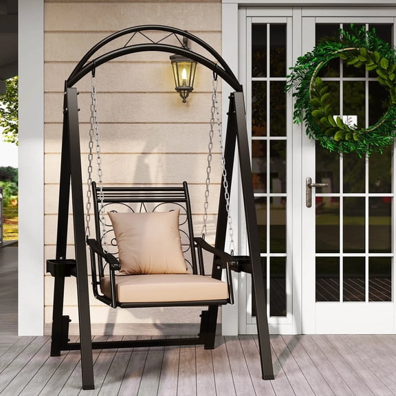 DRAZUNO Outdoor Porch Swing w/Stand Removable Cushions Side Tables for Garden, Balcony