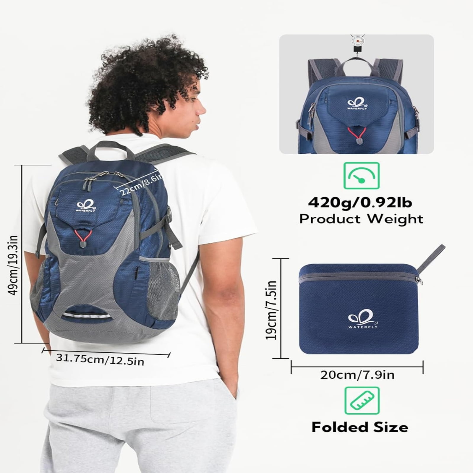 WATERFLY Unisex 30L Small Foldable Packable Travel Hiking Backpacks Daypack,Blue Gray