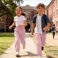 thumbnail image 7 of Hurxie Girls Cargo Pants Elastic Waist Wide Leg Jogger Pants Pockets Parachute Pants Y2K Trousers Pink,7-8Years, 7 of 7