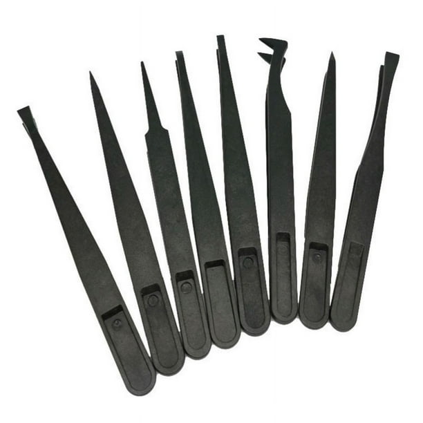 Pinzas de plástico de precisión de 8 piezas, juego de pinzas antiestáticas de 4,5-4,8 pulgadas con puntas curvas y rectas para ensamblaje electrónico
