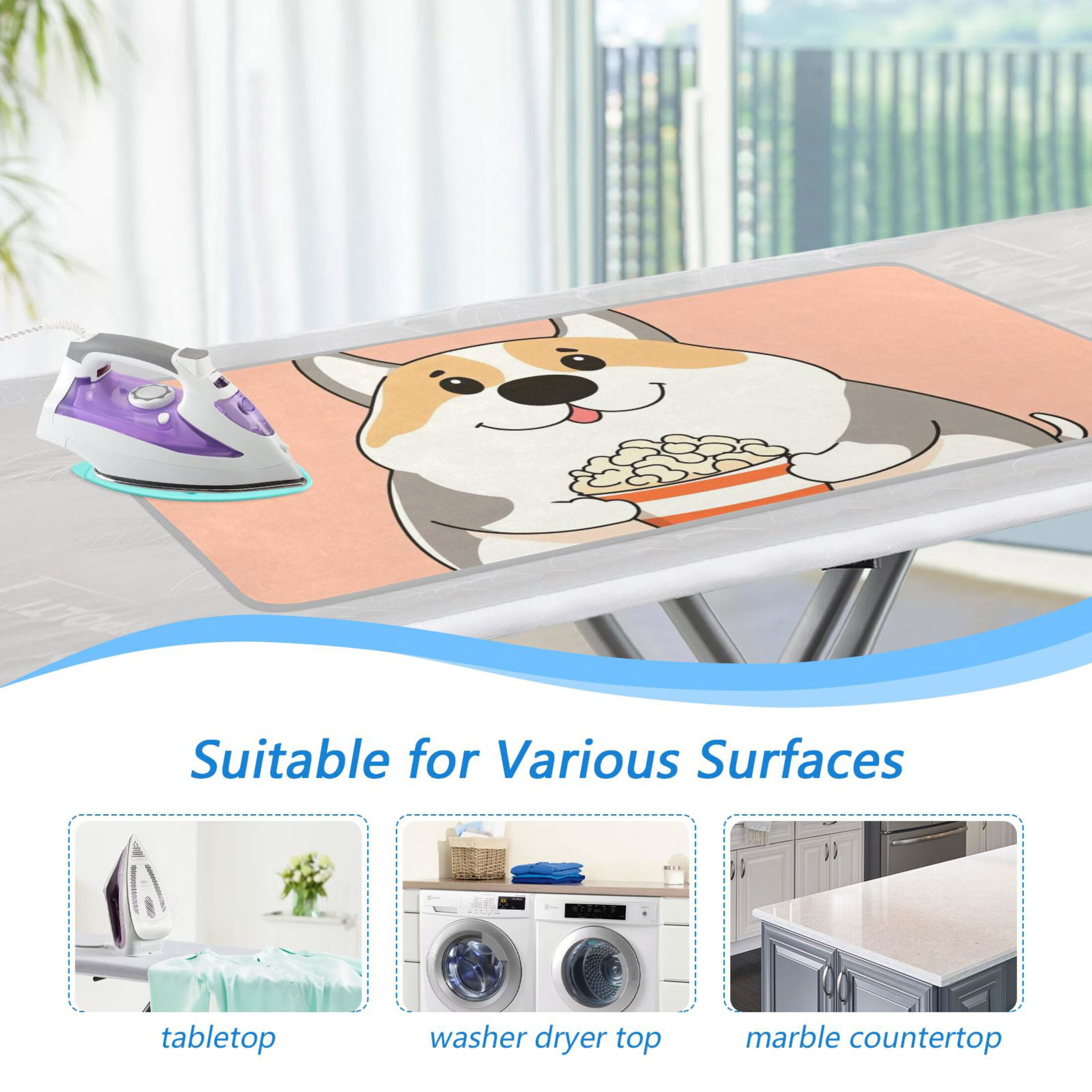 Cute Dog with Popcorn Ironing Mat Blanket for Table Top Travel Portable Ironing Board Pad 47.2x27.6 Inch
